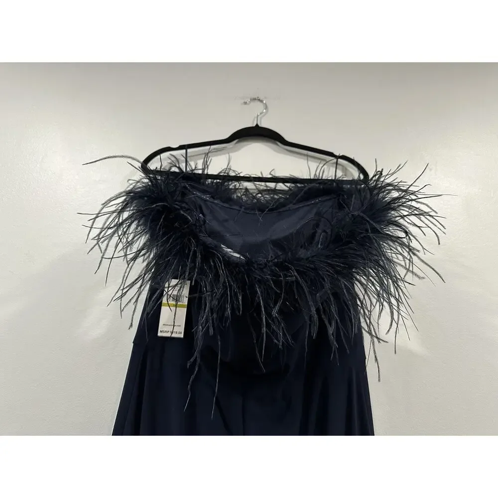 Alex Evenings Off-the-Shoulder Jersey Gown Slit Maribou Feather Trim Navy 14 NEW